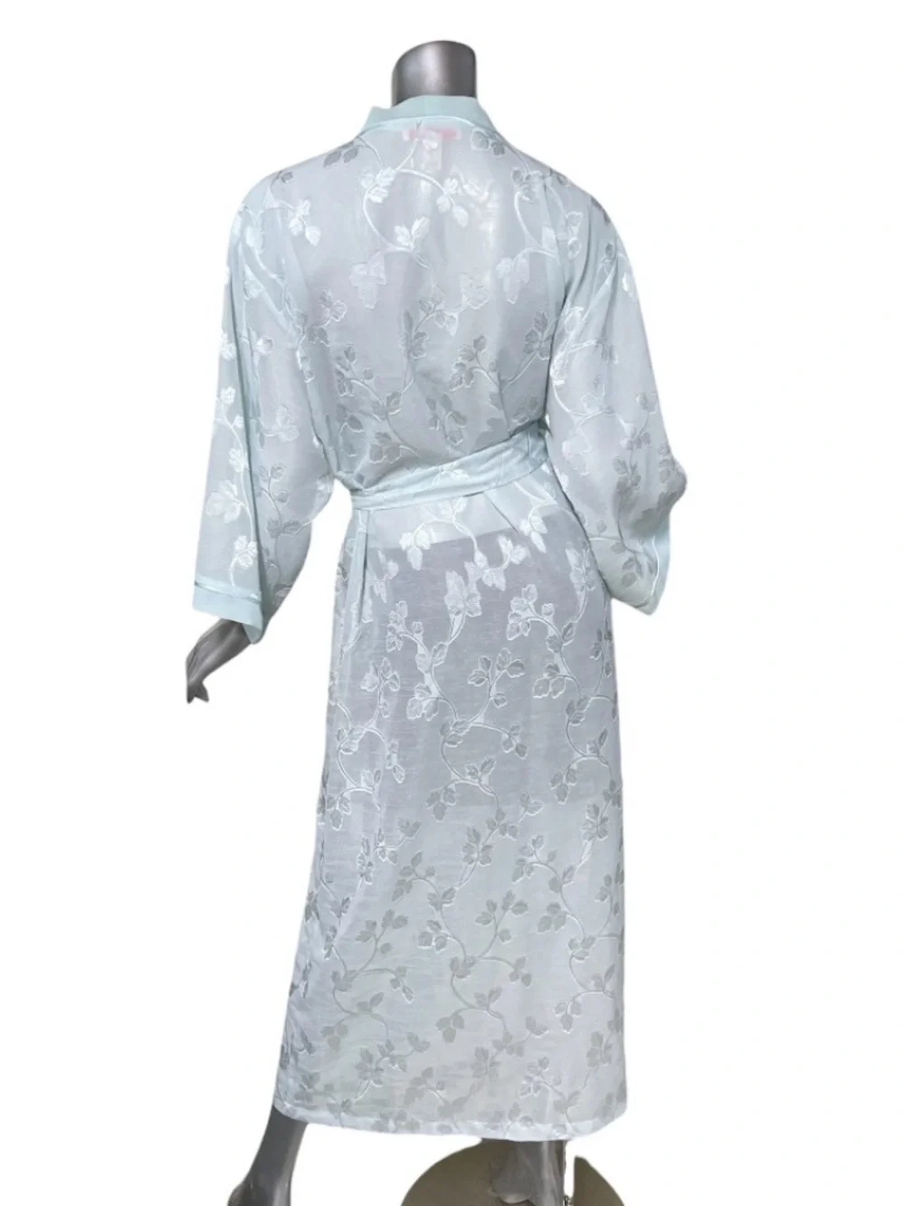 Oscar de la Renta Pink Label Floral Semi Sheer Aqua Light Blue Long Robe LARGE